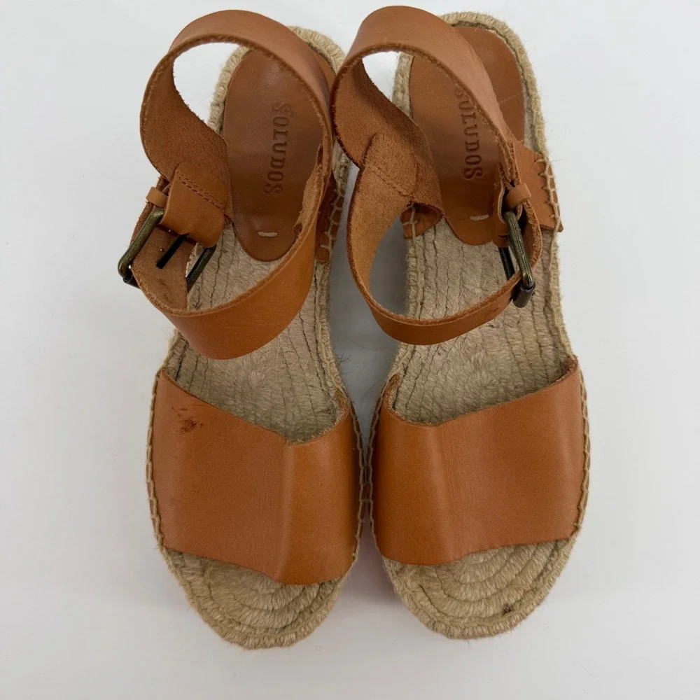 Soludos Minorca Tan Leather Espadrille Platform Wedge Sandals Womens 8 EU 38.5‎